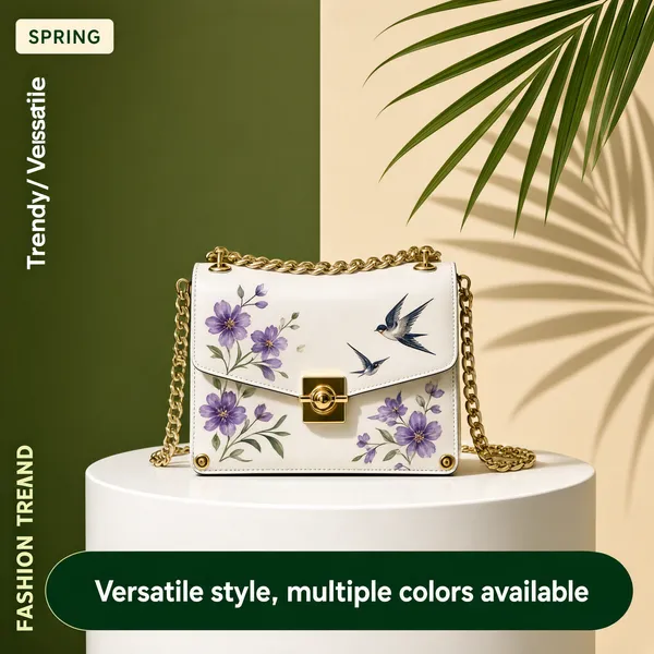 [Format]
Professional e-commerce product main image, square 1:1, clean minimal fashion lookbook style.

[Colors]
Two-tone wall split, olive-green on the left (#a8b58a range) and warm beige on the right; a white round pedestal; a deep-green pill; soft tropical greenery accents; no frame border.

[Layout]
A small brand chip with vertical caption top-left; a palm leaf sweeping in from the top-right; the bag centred on the white circular platform; a full-width green pill near the bottom; tiny vertical caps in the lower-left corner. A soft leaf shadow falls across the wall behind the bag, and the pedestal's white rim catches gentle top-down daylight.

[Subject]
A small white leather crossbody flap bag with a gold chain strap, hand-painted violet blossom and swallow motifs across the flap, a gold turn-lock clasp and gold corner hardware, standing upright on the pedestal. No people.

[Headline]
A deep-green pill across the lower area: "Versatile style, multiple colors available" in clean white type.

[Badges]
Top-left chip with "SPRING" in caps and a vertical "Trendy / Versatile" note; lower-left vertical letters "FASHION TREND" in muted green.

[Mood]
Light, spring-like and boutique-fresh; botanical shadows, soft daylight and quiet luxury styling. Quiet green-and-cream tones make the painted florals feel artisanal rather than mass-produced.