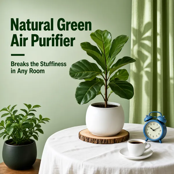 [Format]
Professional e-commerce product main image, square 1:1, fresh home-goods lifestyle scene with soft botanical styling.

[Colors]
Background is a muted sage-green wall in the #b7c9b1 range with a lighter green curtain panel to the right. Accents are deep botanical green on the headline, white on the pot and table linen, and warm wood and terracotta details. No frame border.

[Layout]
The headline block sits in the upper left over the plain wall, three stacked lines plus a dash. The scene occupies the right and lower two-thirds: a round table with a white linen cloth holding the potted plant, a white cup and saucer, a small blue clock and a wood-slice coaster. A smaller potted plant in a dark planter anchors the bottom-left corner.

[Subject]
A healthy fiddle-leaf fig with broad glossy violin-shaped leaves in a matte white rounded pot, standing on a natural wood-slice coaster at the centre of the table; soft diffused daylight falls from the left, casting gentle leaf shadows on the curtain. A white espresso cup and a small blue alarm clock complete the vignette. No people.

[Headline]
Upper left in very heavy deep-green caps across two lines: "Natural Green Air Purifier", followed by a short green dash, then a lighter green line "Breaks the Stuffiness in Any Room" in medium weight.

[Mood]
Fresh, calm and homey; sage-and-botanical greens, soft daylight and quiet typography that sells clean living-room air.