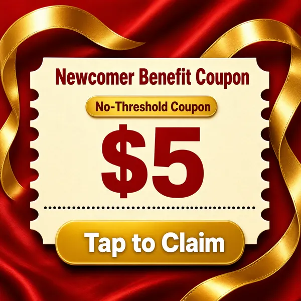 [Format]
Professional e-commerce product main image, square 1:1, festive red-and-gold newcomer coupon ticket with a call-to-action button.

[Colors]
Crimson red background (#b01818) with sweeping gold ribbon arcs; a cream ticket panel (#f5e3c2) with notched edges; deep red headline and numerals; a gold pill label; a gold call-to-action button with white text. No frame border.

[Layout]
The headline sits top center; a large cream coupon ticket with scalloped notches centers the frame; a gold pill label runs along the ticket's top edge; a wide gold button spans the bottom center; gold ribbon curves sweep behind the ticket.

[Subject]
A large cream coupon ticket with scalloped notches and a perforated divider, floating over red silk with sweeping gold ribbon curves.

[Headline]
'Newcomer Benefit Coupon' in bold deep red; gold pill: 'No-Threshold Coupon'; a huge red '$5' centered on the ticket; gold button: 'Tap to Claim' in white.

[Badges]
Perforated cream ticket with notches; gold call-to-action button.

[Mood]
Welcoming, gift-like newcomer reward with warm ceremonial polish.