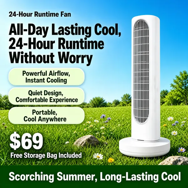 [Format] Professional e-commerce product main image, square 1:1, fresh outdoor-garden style. [Colors] A bright summer meadow green (#7fc24a) under a clear blue sky, a white fan column, pale green pills (#e8f5d8), a deep green footer band (#2e7d32) and white type. [Layout] The slim tower fan rises from a white round base at right on a lawn with rocks; a small brand line and a two-line headline fill the top left; three pale pills stack beneath; the bottom shows a large price and a full-width green band. [Subject] A white cylindrical bladeless-style tower fan with a fine front grille and a compact round base, standing on sunlit grass dotted with small wildflowers. Bright noon light keeps the white housing luminous against the lawn, with a soft contact shadow grounding the round base. [Headline] All-Day Lasting Cool, 24-Hour Runtime Without Worry in bold dark type with a small line above reading 24-Hour Runtime Fan; pills read Powerful Airflow, Instant Cooling; Quiet Design, Comfortable Experience; Portable, Cool Anywhere; the footer shows $69 with Free Storage Bag Included above the band Scorching Summer, Long-Lasting Cool. [Mood] Crisp, breezy and worry-free with fresh park-morning energy.
