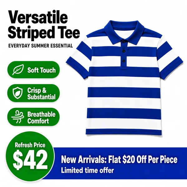 [Format]
Professional e-commerce product main image, square 1:1, bright summer apparel flat-lay with striped polo and feature pills.

[Colors]
Clean white background (#ffffff); bold royal-blue and white horizontal stripes on the shirt; fresh green feature pills (#3fae5a); a royal-blue bottom banner (#2f6fd0); a green price circle; black headline text. No frame border.

[Layout]
The polo shirt is laid flat at the center-right; the headline with a letter-spaced caption sits at the top left; three green icon pills stack down the left side; the bottom splits into a green price circle on the left and a blue banner on the right.

[Subject]
A neatly flat-laid short-sleeve polo shirt with bold horizontal royal-blue and white stripes, a folded collar and a three-button placket.

[Headline]
Top-left: 'Versatile Striped Tee' in heavy black sans-serif with a small letter-spaced caption beneath; green pills read 'Soft Touch', 'Crisp & Substantial' and 'Breathable Comfort'; bottom-left green circle: 'Refresh Price' above a large '$42'; blue banner: 'New Arrivals: Flat $20 Off Per Piece' with a small countdown line beneath.

[Badges]
Green icon feature pills; blue promo banner; green price circle.

[Mood]
Bright, trustworthy everyday-apparel promotion with a cheerful summer tone.