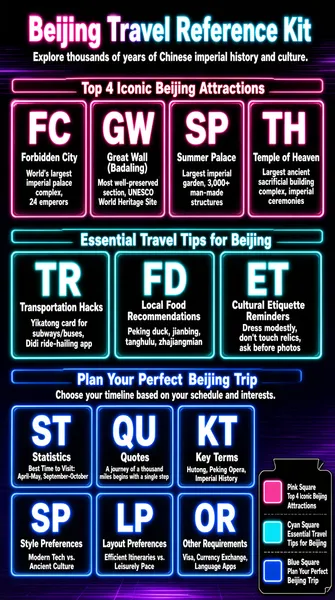 The infographic titled **"Beijing Travel Reference Kit"** is designed with a striking neon aesthetic, featuring glowing text in pink, cyan, and blue against a dark, gradient purple-to-black background that evokes a futuristic or cyberpunk ambiance. The layout is structured into three main horizontal sections, each demarcated by a brightly outlined rectangular header with a distinct color corresponding to its category, as indicated in the legend at the bottom right.

---

### Section 1: Top 4 Iconic Beijing Attractions  
This section, labeled with a pink neon header, introduces four major historical sites in Beijing. Each attraction is presented in a square tile with a pink neon border, containing an acronym in large, glowing pink letters above the full name and a brief descriptive line.  

- **FC (Forbidden City)**  
  *World's largest imperial palace complex, 24 emperors*  

- **GW (Great Wall (Badaling))**  
  *Most well-preserved section, UNESCO World Heritage Site*  

- **SP (Summer Palace)**  
  *Largest imperial garden, 3,000+ man-made structures*  

- **TH (Temple of Heaven)**  
  *Largest ancient sacrificial building complex, imperial ceremonies*  

The subtitle beneath the main title reads: *"Explore thousands of years of Chinese imperial history and culture."*

---

### Section 2: Essential Travel Tips for Beijing  
This section features a cyan neon header and contains three square tiles with cyan borders, each offering practical advice for travelers.  

- **TR (Transportation Hacks)**  
  *Yikatong card for subways/buses, Didi ride-hailing app*  

- **FD (Local Food Recommendations)**  
  *Peking duck, jianbing, tanghulu, zhajiangmian*  

- **ET (Cultural Etiquette Reminders)**  
  *Dress modestly, don’t touch relics, ask before photos*  

---

### Section 3: Plan Your Perfect Beijing Trip  
This section uses a blue neon header and includes six square tiles with blue borders, offering guidance for trip customization based on preferences and interests.  

- **ST (Statistics)**  
  *Best Time to Visit: April-May, September-October*  

- **QU (Quotes)**  
  *A journey of a thousand miles begins with a single step*  

- **KT (Key Terms)**  
  *Hutong, Peking Opera, Imperial History*  

- **SP (Style Preferences)**  
  *Modern Tech vs. Ancient Culture*  

- **LP (Layout Preferences)**  
  *Efficient Itineraries vs. Leisurely Pace*  

- **OR (Other Requirements)**  
  *Visa, Currency Exchange, Language Apps*  

The subtitle reads: *"Choose your timeline based on your schedule and interests."*

---

### Legend / Category Key  
Located in the bottom-right corner, this small black panel with a tab-like design lists the color coding for the three main sections:  

- **Pink Square** → *Top 4 Iconic Beijing Attractions*  
- **Cyan Square** → *Essential Travel Tips for Beijing*  
- **Blue Square** → *Plan Your Perfect Beijing Trip*  

---

### Visual Elements & Design Style  
The overall design employs a retro-futuristic, neon-light style reminiscent of 1980s sci-fi aesthetics. All text is rendered in bold, sans-serif fonts with glowing outlines, creating a high-contrast, eye-catching effect. The background features subtle reflections and gradients, enhancing the digital, illuminated feel. The use of acronyms (FC, GW, SP, TH, TR, FD, ET, ST, QU, KT, LP, OR) adds a concise, modular structure to the content. The infographic is organized vertically with clear visual separation between the three thematic categories, making it easy to navigate and digest. The consistent use of color-coding across headers, tiles, and the legend ensures coherence and quick comprehension.