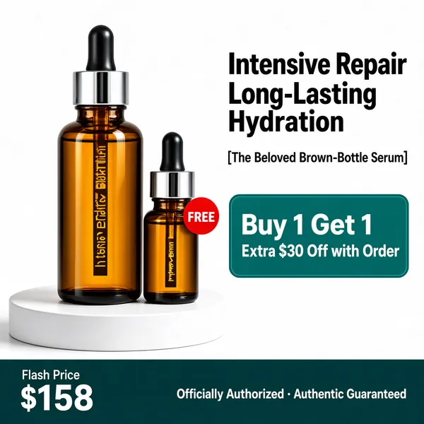 [Format]
Professional e-commerce product main image, square 1:1, minimal clean skincare style on pure white.

[Colors]
Background pure white (#ffffff) with soft product shadows; accents amber glass, a teal offer box (#1f8f7a), a dark teal guarantee bar and a small red "FREE" dot tag. No frame border.

[Layout]
Two amber dropper bottles on a low white podium left of centre, one large and one mini; the headline block occupies the upper right; the teal offer box sits mid-right; a full-width dark teal guarantee bar runs along the bottom with the price at its left end.

[Subject]
No people. A large amber glass serum bottle with a silver collar and black rubber pipette, beside a mini version of the same bottle carrying a red circular "FREE" tag on its neck; crisp studio product lighting with clean reflections.

[Headline]
Upper right in big charcoal bold caps stacked: "Intensive Repair" then "Long-Lasting Hydration"; beneath, a small bracketed line "The Beloved Brown-Bottle Serum"; a teal rounded box with white bold "Buy 1 Get 1" and lighter white text "Extra $30 Off with Order". Bottom-left small white "Flash Price" over "$158" in huge white numerals on the teal bar; bottom bar right side white caps "Officially Authorized · Authentic Guaranteed".

[Badges]
No badges beyond the FREE tag and teal offer box.

[Mood]
Clinical, trustworthy and minimal; white space, amber glass warmth and teal confidence cues.