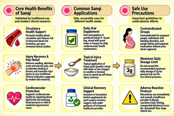 The infographic presents a comprehensive guide to Sanqi (also known as Notoginseng), structured into three main sections connected by directional arrows: "Core Health Benefits of Sanqi," "Common Sanqi Applications," and "Safe Use Precautions." The layout is horizontal and linear, with each section occupying a distinct column. Each section features a beige, rounded rectangular header with bold black text, accompanied by a small pink circular icon on the left. The background is a light cream color with a subtle texture resembling parchment paper, giving it a natural, organic aesthetic. --- **Section 1: Core Health Benefits of Sanqi** Header: "Core Health Benefits of Sanqi" with subtitle: "Validated by traditional use and modern clinical research." This section lists three primary benefits, each with an accompanying circular icon and descriptive text: - **Circulatory Health Support** Icon: A red circular graphic depicting a blood vessel with a droplet inside. Text: "Promotes healthy blood circulation and reduces risk of abnormal blood clot formation, per peer-reviewed clinical studies." - **Injury Recovery & Pain Relief** Icon: A hand with a bruised wrist and radiating lines indicating pain or inflammation. Text: "Relieves swelling, alleviates acute and chronic pain, and accelerates healing of bruises and traumatic injuries (a core traditional Chinese indication supported by modern lab research)." - **Cardiovascular Protection** Icon: A pink heart with an EKG line running through it. Text: "Supports cardiovascular health by regulating blood lipid levels and reducing blood pressure in mild to moderate hypertension cases." --- **Section 2: Common Sanqi Applications** Header: "Common Sanqi Applications" with subtitle: "Safe, accessible uses for different health needs." This section details three practical applications, each with an illustrative icon: - **Daily Oral Supplement** Icon: A jar with a blue lid and a green leaf label, representing powdered Sanqi. Text: "Oral consumption of powdered Sanqi (1–3g per day, mixed with warm water or honey) for daily cardiovascular health maintenance." - **Topical Injury Treatment** Icon: A wooden spoon scooping powder into a bowl, symbolizing the preparation of a paste. Text: "Topical application of Sanqi paste (powder mixed with water or rice vinegar) on swollen or bruised areas to speed up soft tissue injury recovery." - **Clinical Recovery Support** Icon: A white bottle with a blue cap and a green checkmark, indicating a formulated supplement. Text: "Inclusion in formulated herbal supplements for post-surgery recovery support, only under guidance of a licensed healthcare provider." --- **Section 3: Safe Use Precautions** Header: "Safe Use Precautions" with subtitle: "Important guidelines to avoid adverse effects." This section includes three precautionary points, each with an icon: - **Contraindicated Groups** Icon: An illustration of a pregnant woman with long hair wearing a pink dress. Text: "Contraindicated for pregnant people, individuals with bleeding disorders, and people taking anticoagulant medications without prior doctor approval." - **Maximum Daily Dosage Limit** Icon: A jar labeled "3g" with a yellow lid, emphasizing the dosage limit. Text: "Do not exceed the recommended maximum daily dosage of 3g for general oral use for non-clinical purposes." - **Adverse Reaction Protocol** Icon: A yellow triangular warning sign with an exclamation mark. Text: "Discontinue use immediately and consult a healthcare provider if allergic reactions (rash, itching, unexpected dizziness) occur after consumption or topical use." --- The infographic uses a consistent visual style throughout: beige backgrounds for headers, pale yellow rounded rectangles for subheadings, black sans-serif font for all text, and simple, clean illustrations to represent concepts. The flow from benefits to applications to precautions suggests a logical progression from understanding what Sanqi does, how to use it, and how to use it safely. All textual content is in English, and no other languages are present. The design prioritizes clarity and accessibility, making it suitable for general audiences seeking information on Sanqi’s therapeutic uses and safety profile.
