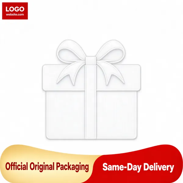 [Format]
Professional e-commerce product main image, square 1:1, ultra-minimal generic promo placeholder style.

[Colors]
Clean white background with the faintest light-grey gift-box silhouette (#f2f2f2) at the centre; a small red brand tag top-left; a two-tone cream-and-red footer band. No frame border.

[Layout]
A small red rectangular logo tag in the top-left corner; a ghosted gift-box graphic with a soft ribbon bow occupying the middle of the frame as a subtle background element; a full-width curved footer band across the bottom split into two pill halves; huge amounts of negative space keep the strip as the sole focus.

[Subject]
No people and no photographed product; the centre shows only a barely visible pale grey gift box with a ribbon bow, rendered almost white like an embossed shape.

[Headline]
No headline text in the upper area; the composition stays empty and airy above the footer.

[Badges]
The footer band carries two bold claims: the left cream-gold pill with red characters "Official Original Packaging" and the right bright-red pill with white characters "Same-Day Delivery". The top-left red tag holds a small white placeholder logo lockup and a fine-print website line.

[Mood]
Sparse, neutral and service-forward; a near-blank white canvas whose only voice is the confident red-and-gold delivery promise strip.