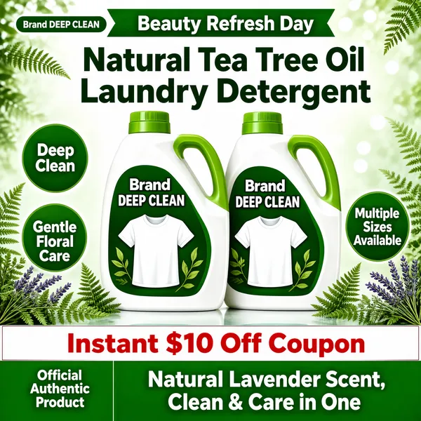 [Format]
Professional e-commerce product main image, square 1:1, fresh botanical laundry-care style with leafy green framing and promo ribbons.

[Colors]
Background is a misty white-to-green wash with photographic green foliage occupying the left and right edges; primary accent is grass green (#3fa840 range) on caps, labels and badges; a red text accent on the coupon strip; no frame border.

[Layout]
A small brand pill and banner sit across the top; the headline sits under it; two detergent bottles stand side by side centre; circular claim bubbles float on the left and right of the bottles; the bottom quarter is stacked promo strips in green, white and green.

[Subject]
Two large white laundry-detergent jugs with bright green caps and handles, each carrying a green label with the wordmark "Brand" over "DEEP CLEAN" and a fresh white t-shirt illustration, arranged as a twin pack on a soft reflective surface, surrounded by fern leaves and bokeh. No people.

[Headline]
Top banner: a small green pill beside the white text "Beauty Refresh Day" on green. Headline: "Natural Tea Tree Oil Laundry Detergent" in bold dark-green caps. Left bubbles: "Deep Clean" and "Gentle Floral Care" in white on green circles. Right bubble: "Multiple Sizes Available". Bottom: "Instant $10 Off Coupon" in red, then a green strip with "Official Authentic Product" at far left and "Natural Lavender Scent, Clean & Care in One" in large white caps.

[Mood]
Fresh, natural and trustworthy; leafy green serenity with confident promo accents.