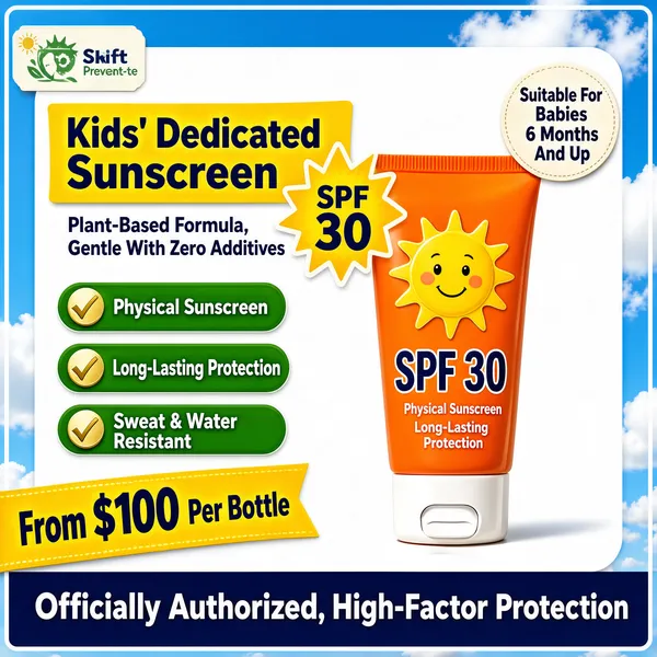 [Format] Professional e-commerce product main image, square 1:1, bright sunny skincare promo on a photographic sky backdrop. [Colors] Clear blue sky with soft white clouds (#a8d4f0 range) behind a white rounded card; a vivid orange tube (#f5a623); a golden-yellow banner (#f7c531); a deep navy slogan band along the bottom (#1d3a6e); green pill accents. A thin white outer frame surrounds the composition. [Layout] A logo tab sits top-left and a small round note top-right. The headline block sits upper-left on the white card with an SPF burst beside it. Three check pills run down the left side. The orange tube leans slightly at right-center. A yellow price ribbon occupies the bottom-left, and a navy band spans the full bottom edge. [Subject] A glossy orange squeeze tube of children's sunscreen standing upright with a flip cap at its base, printed with a smiling sun mark and SPF 30 lettering. [Headline] A yellow banner across the upper card reads Kids' Dedicated Sunscreen, with a subtitle below in dark blue: Plant-Based Formula, Gentle With Zero Additives. The yellow ribbon shows From $100 Per Bottle, and the navy band closes with Officially Authorized, High-Factor Protection. [Badges] Three green pills with gold check marks list Physical Sunscreen, Long-Lasting Protection and Sweat & Water Resistant. A round cream note at top-right says Suitable For Babies 6 Months And Up. [Mood] Cheerful and dependable, a bright summer day captured in a family-safe promise.