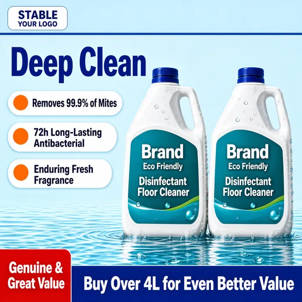 [Format]
Professional e-commerce product main image, square 1:1, clean laundry-care promo for disinfectant floor cleaner.

[Colors]
Pale blue background with a rippling water surface at the bottom (#cfe9f5 range), deep blue headline text (#1f6fb2), white bottle bodies with teal-blue labels, orange badge accents.

[Layout]
Logo strip across the top, headline at upper left, three pill-shaped feature tags stacked below it, two hero bottles side by side at right center standing in water, red corner block at bottom left with a long banner to its right.

[Subject]
Two large white plastic floor-cleaner jugs with blue caps, ergonomic handles and teal labels reading "Brand, Eco Friendly, Disinfectant Floor Cleaner", sparkling water droplets on the surfaces.

[Headline]
Upper left: "Deep Clean" in large bold blue sans-serif. Three orange-dot pills: "Removes 99.9% of Mites", "72h Long-Lasting Antibacterial", "Enduring Fresh Fragrance". Bottom left red block: "Genuine & Great Value". Bottom banner: "Buy Over 4L for Even Better Value".

[Badges]
Top-left rounded chip reading "STABLE" with "YOUR LOGO"; red corner block plus full-width blue promo banner at the bottom.

[Mood]
Fresh, hygienic and dependable, crisp clean-water tranquility.