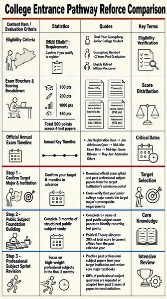The infographic titled "College Entrance Pathway Reforce Comparison" presents a structured comparison of key aspects for prospective students in Guangdong, China, aiming to enter college through a specialized entrance examination. The layout is organized as a multi-column table with four main columns: "Content Item / Evaluation Criteria", "Statistics", "Quotes", and "Key Terms". Each row corresponds to a distinct evaluation criterion or step in the preparation process, with visual icons, text, and data points enhancing clarity. The infographic uses a clean, minimalist design with black line art icons on a light beige background. Text is primarily in bold sans-serif font, with headings emphasized for readability. Data is encoded using icons (e.g., graduation cap, calendar, books, target, rocket) to visually represent concepts, while numerical values are explicitly labeled for precision. The first row addresses **Eligibility Criteria**: - In the "Statistics" column, it features an icon of a person checking a map of Guangdong with the text: "Official Eligibility Requirements Confirm if you qualify to register". - The "Quotes" column lists three eligible groups with corresponding icons: "Final-Year Guangdong Junior College Student", "Guangdong Resident <2 Years Post Graduation", and "Eligible Retired Military Personnel". - The "Key Terms" column shows a magnifying glass over a document with the label: "Eligibility Verification". The second row covers **Exam Structure & Scoring Breakdown**: - "Statistics" displays icons representing different test types and scores: 100 pts (graduation cap), 200 pts (person at desk), 1000 pts (document with pen), 150 pts (document with pen). Below: "Total 500 points across 4 test papers". - "Quotes" lists four subject components in document-shaped boxes: "Political Theory (100 pts)", "Major-Aligned Public Subject (100 pts)", "Professional Subject 1 (150 pts)", "Professional Subject 2 (150 pts)". - "Key Terms" includes a balance scale icon with "Score Distribution". The third row details the **Official Annual Exam Timeline**: - "Statistics" contains a horizontal timeline with icons of a calendar and clock, labeled "Annual Key Timeline". - "Quotes" provides a detailed timeline: Jan: Registration Open → Jan: Admission Open → Mid-Mar: Exam Date → Mid-Apr: Score Release → May-Jun: Admission Offers. - "Key Terms" shows a calendar and clock with "Critical Dates". The next three rows outline a three-step preparation strategy: **Step 1 - Confirm Target Major & Institution**: - "Statistics": Icon of a person holding a map with a target, text: "Confirm your target 6 months in advance". - "Quotes": Two bullet points: "Download official exam syllabi and past professional subject papers from the target institution’s admission portal" and "Cross-verify that your junior college major meets the target major’s prerequisite requirements". - "Key Terms": Clock and books with "Target Selection". **Step 2 - Public Subject Foundation Building**: - "Statistics": Icon of a person studying with books and a coffee cup, text: "Complete 3 months of structured public subject study". - "Quotes": Two bullet points: "Complete 5+ years of past public subject exam papers to identify recurring test points" and "Political Theory allocates 30% of total score to current affairs from the past calendar year". - "Key Terms": Box with lightbulb and "Core Knowledge". **Step 3 - Professional Subject Sprint Revision**: - "Statistics": Icon of a running person with a book and clock, text: "Focus on high-weight professional subjects in the final 2 months". - "Quotes": Two bullet points: "Practice past professional subject papers from your target institution and review core major textbooks" and "60% of professional subject questions are repeated or adapted from past 3 years of papers for most institutions". - "Key Terms": Trophy and gears with "Intensive Review". Red horizontal lines separate the first three criteria from the three-step strategy, while a blue line separates Step 1 from Steps 2 and 3, visually grouping related content. All textual information is preserved exactly as presented, including spelling variations like "Oficial" (likely intended as "Official"). The infographic serves as a strategic roadmap combining official requirements, scoring details, timelines, and actionable preparation steps for candidates.
