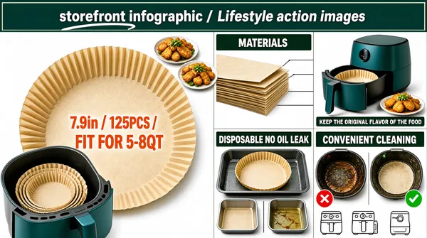 [Format]
Landscape 16:9 gig cover, a dense e-commerce infographic sheet with a top banner. Product-listing style, flat vector callouts over photography, no watermark, no personal names.

[Layout]
A dark teal-green horizontal banner runs across the top with a thin light frame. Below it the area is split: the left half is one large photo of round pleated parchment paper liners, a big one face-on, a nested stack in its holder at the lower left inside a teal air-fryer basket, and two small plates of food floating at the upper right. The right half is a 2x2 arrangement of smaller tiles: top-left, a MATERIALS cross-section diagram of layered paper sheets with callout lines; top-right, a photo panel of an air fryer and plated food; bottom-left, a DISPOSABLE NO OIL LEAK panel with a liner on a tray and a side-by-side comparison of two pans; bottom-right, a CONVENIENT CLEANING before-and-after pair with a red cross and a green tick. Under the bottom-right panel runs a row of small appliance icons.

[Subject]
No human subject; the product itself is the hero: beige pleated round air-fryer liners in several sizes, plus an open air fryer, food plates, trays and pans, all unlabelled props. Describe the dimension callout text as generic small dark sans.

[Headline]
Top banner: heavy white sans in one line, mixing a lowercase storefront wordmark with italic title-case copy; reproduce as neutral placeholder copy of the same length, for example storefront infographic / Lifestyle action images, with the first word underscored by a plain curved mark instead of a real logo. Inside the grid, section headers in heavy white caps on dark-green plates: MATERIALS, DISPOSABLE NO OIL LEAK, CONVENIENT CLEANING, with small green tick chips and a KEEP THE ORIGINAL FLAVOR OF THE FOOD bar; a large orange dimension set reading 7.9in / 125PCS / FIT FOR 5-8QT sits on the biggest liner.

[Badges]
No ratings or seals beyond the in-grid green tick and red cross marks and the small line-drawn appliance icons across the bottom strip.

[Mood]
Practical marketplace palette: dark teal-green, kraft-beige, orange accents and white. Busy and feature-led; the green top banner plus the orange size stamp make the value proposition readable even at thumbnail size.