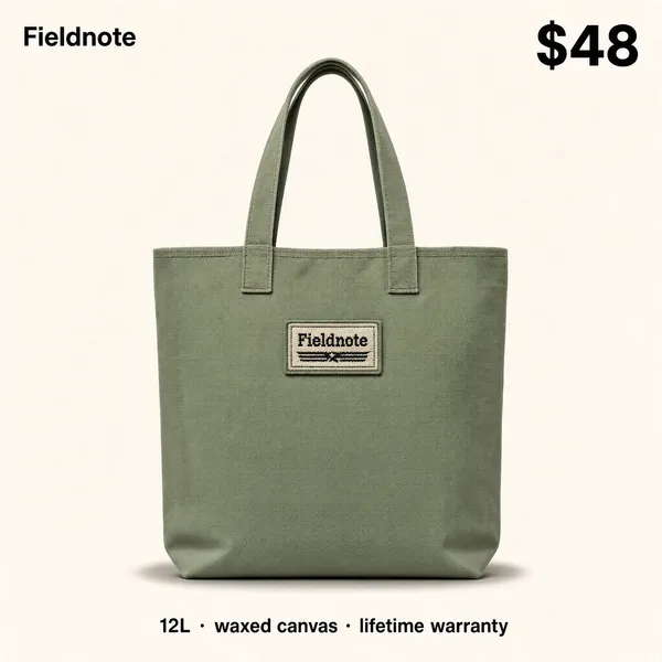 A straight-on, flat e-commerce product thumbnail of a sturdy canvas tote bag in a soft sage-green color, centered on a clean light neutral background with a soft, even shadow beneath it and a minimal embroidered patch detail on the front. Around/over the image, small clean product info: a brand name "Fieldnote" at the top corner, a price "$48" in bold, and a small spec line "12L · waxed canvas · lifetime warranty" beneath the bag. Cozy, tactile, marketplace product-photo style, crisp detail, no tilt, no 3D perspective.