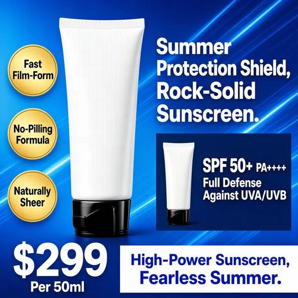 [Format] Professional e-commerce product main image, square 1:1, cool blue sunscreen spec-sheet design with diagonal energy lines. [Colors] Vivid azure gradient (#2a7fd4 range) streaked with pale diagonal light trails; a matte white tube with a black cap; golden circle chips (#e8c878); a darker blue spec panel with white type; a white price and banner strip at the base with blue text. No frame border. [Layout] The tube leans slightly at the left third. Three gold circle chips stack down the left edge beside it. The right side holds a two-line headline, then a blue spec panel listing protection ratings with a small tube thumbnail. The bottom edge carries an oversized price at left and a white banner with blue slogan at right. [Subject] A clean white squeeze sunscreen tube standing on its black flip-style cap, its smooth shoulder and minimal face catching a soft studio highlight. [Headline] Bold white type reads Summer Protection Shield, Rock-Solid Sunscreen. The blue panel states SPF 50+ PA++++ and Full Defense Against UVA/UVB with a small inset of the tube. The price shows $299 Per 50ml in oversized white numerals, and the white banner closes with High-Power Sunscreen, Fearless Summer. [Badges] Three gold circles with brown text read Fast Film-Form, No-Pilling Formula and Naturally Sheer. [Mood] Crisp, technical and energizing, clinical protection presented with summer-cool style.