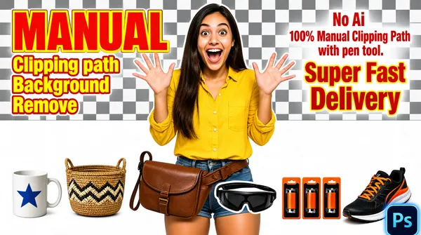 [Format]
Landscape 16:9 gig cover, loud e-commerce promo collage, a centre portrait and five product cut-outs over a transparency checkerboard. Saturated, high-contrast advertising finish with hard cut-out edges. No watermark, no personal names.

[Layout]
The frame splits horizontally at about the 55 percent line: above is a mid-grey and white transparency checkerboard filling the upper field edge to edge, below is plain white, with no border or gutter between them. A single portrait sits dead centre, framed mid-thigh up, breaking the seam so her torso and raised hands straddle both zones. The left third holds a four-line type block set high in the frame, left-aligned. The right third mirrors it with three right-aligned lines of decreasing size. Along the bottom edge five product cut-outs string left to right on the white: far left a white mug with a blue star, then a woven zigzag basket, then a brown leather waist bag just left of the portrait, then right of the portrait a pair of black sport sunglasses, three small orange-and-black blister cartons for a battery brand, and a black running shoe with orange laces, with a dark app tile tucked into the bottom-right corner.

[Subject]
A young woman in her mid-twenties with long straight dark-brown hair, in a bright yellow button-front shirt, framed mid-thigh up and centred, both arms raised to shoulder height with open palms and splayed fingers, mouth open in a delighted shout, eyes wide, looking straight at camera. Bright flat frontal key light, a faint shadow under the chin only, a hard clean cut-out edge all round.

[Headline]
Left block, heavy condensed extra-bold in an outline treatment, left-aligned with tight leading: MANUAL alone on the first line, by far the largest word, warm red-orange fill with a yellow outline and a thin red inner rule. Beneath it three smaller lines in the same outlined style, yellow-amber fill with a red outline, reading Clipping path, Background, Remove one word per line. Right block, right-aligned all caps sans in warm red: No Ai alone; then 100% Manual Clipping Path with pen tool. over two centred lines at medium weight; then Super Fast Delivery over two centred lines in a much larger heavy face with a yellow rim.

[Badges]
Bottom-right corner, the Adobe Photoshop app icon: a dark navy rounded square with a soft glow rim holding a light-blue Ps monogram, about a tenth of the frame height. Nothing else is badged.

[Mood]
Loud, sunny and promotional: grey checkerboard, hot red-orange outlined type, a yellow shirt and warm product accents over white. At thumbnail size the checker texture, the giant MANUAL and the raised-hands portrait land instantly.
