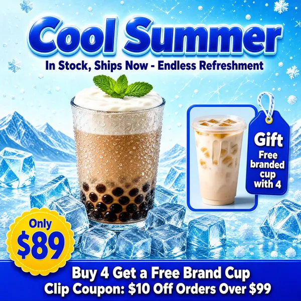 [Format]
Professional e-commerce product main image, square 1:1, icy refreshing summer-beverage advertising style with cool blue tones and playful promo lettering.

[Colors]
Frosty glacier-blue background from #bfe3f5 to #7fc4e8 with drifting snow, cracked ice blocks and a pale mountain ridge. Primary accents cobalt blue #1f6fd0 and golden yellow #f5c542, milky tea-beige on the cup. No frame border.

[Layout]
Two big headline lines across the top; the large milk-tea cup stands centre-left on a mound of ice cubes garnished with mint; a gift panel with a smaller iced-drink photo sits at the right; a yellow price circle anchors the lower-left corner and a blue bar runs along the bottom.

[Subject]
A tall frosted glass cup layered with milky tea and dark pearls, crowned with a foamy cream top and a fresh mint sprig, surrounded by glistening clear ice chunks. A smaller inset photo shows an iced milk drink in a takeaway cup. No people.

[Headline]
Top centre, "Cool Summer" in very large glossy blue characters with an outlined 3D feel; below it a smaller blue line "In Stock, Ships Now - Endless Refreshment". Lower-left, a yellow scalloped circle with "Only" small and a huge blue "$89". The bottom blue bar reads "Buy 4 Get a Free Brand Cup" in white, with a second line "Clip Coupon: $10 Off Orders Over $99".

[Badges]
A blue rounded tag beside the inset photo reading "Gift" with "Free branded cup with 4".

[Mood]
Chilled, thirst-quenching and festive; glacial blues with golden price pops, peak summer promo energy.