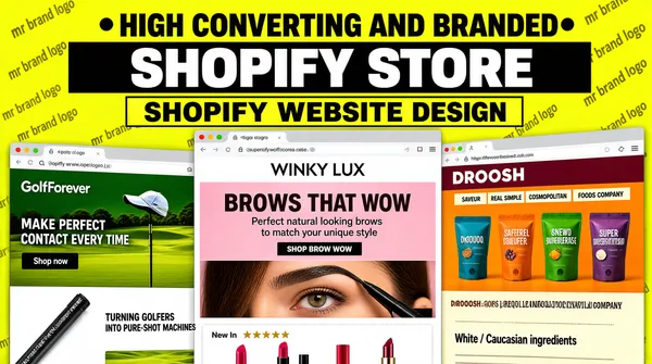 [Format]
Professional Fiverr gig cover, landscape 16:9 banner. Bright portfolio-showcase style on a saturated citrus ground with overlapping browser screenshots. No watermark, no personal names.

[Layout]
A flat lime-yellow full-bleed background overlaid with a repeating faint darker-yellow watermark of the words "mr brand logo" tiled diagonally across the whole frame. The upper third is a stacked headline block; the lower two-thirds are filled with three large, slightly overlapping browser-window screenshots that run off the left, right and bottom edges.

[Subject]
No people in the frame itself; models appear only inside the screenshot content.

[Headline]
Centred stack: "•HIGH CONVERTING AND BRANDED•" in heavy black caps with round dots flanking the line; then "SHOPIFY STORE" in enormous heavy white condensed caps set inside a solid black slab that bleeds past both edges; then "SHOPIFY WEBSITE DESIGN" in heavy black caps on a yellow slab outlined in black.

[Devices]
Three browser windows with visible traffic-light dots and URL bars: LEFT, a golf e-commerce site on a green course photo with the headline "MAKE PERFECT CONTACT EVERY TIME", a "Shop now" button, a GolfForever-style logo, and below it a white panel reading "TURNING GOLFERS INTO PURE-SHOT MACHINES" beside a training-stick product photo. CENTRE, a beauty store branded "WINKY LUX" with a pink hero panel reading "BROWS THAT WOW", the line "Perfect natural looking brows to match your unique style" and a "SHOP BROW WOW" button over a close-up photograph of an eye being filled with a brow pencil, plus a "New In" product row of lipsticks and glosses with star ratings. RIGHT, an orange superfood site branded "DROOSH" with colourful product pouches, a maroon header band, and a press strip reading "SAVEUR", "REAL SIMPLE", "COSMOPOLITAN" and "FOODS COMPANY", with a cream lower panel about white / Caucasian ingredients.

[Mood]
Bright, energetic and portfolio-forward; one confident citrus ground, chunky black-and-white slab type and a dense trio of real storefronts.