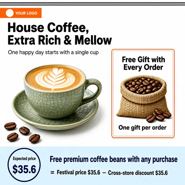 [Format]
Professional e-commerce product main image, square 1:1, clean café-promo style with generous white space and a thin dark frame.

[Colors]
Background is pure white; a thin charcoal double frame runs along the top edge. Headline near-black, gift card border orange, bottom band light blue with dark navy type, price text dark. No outer frame border on the sides.

[Layout]
Top: a small orange logo tab and the headline block. Middle-left: the coffee cup; middle-right: an outlined gift card. Bottom: a light-blue band with a benefit line, a circular price badge on the left and a small price-formula row.

[Subject]
A crackle-glazed sage-green ceramic cup and saucer filled with a latte showing a rosetta leaf in the foam, a few roasted coffee beans scattered on the white surface beside it; no people.

[Headline]
Top-left small orange tab with a round logo mark and "YOUR LOGO" placeholder caps. Main line: "House Coffee, Extra Rich & Mellow" in heavy black caps, with a lighter grey sub-line "One happy day starts with a single cup". Right card titled "Free Gift with Every Order" over a burlap sack of coffee beans, with a footnote "One gift per order". Bottom band: "Free premium coffee beans with any purchase", price disc "Expected price $35.6", and a small formula row "= Festival price $35.6 − Cross-store discount $35.6".

[Mood]
Fresh, calm and appetizing; airy white space with one warm latte-toned focal point and tidy navy accents.