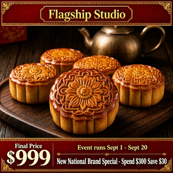 [Format]
Professional e-commerce product main image, square 1:1, festive mooncake gift style with ceremonial red framing.

[Colors]
Golden-brown pastry tones on a dark timber ground, a deep red top banner and bottom band trimmed with gold and a fine lattice pattern, cream price numerals and ornamental gold corner details.

[Layout]
A red banner with a gold-outlined name plaque runs across the top; five mooncakes fill the middle on a dark wooden board with a blurred kettle behind; a red bottom band carries the date and promo lines with a price block at the lower-left.

[Subject]
No people. A cluster of golden baked mooncakes with deeply embossed floral patterns, one at the front in sharp focus and the rest receding behind it, their syrup glaze catching warm light on the dark board.

[Headline]
The top plaque reads "Flagship Studio" in gold; the lower-left block shows "Final Price" over "$999" in large cream numerals; the bottom band reads "Event runs Sept 1 - Sept 20" in small gold and "New National Brand Special - Spend $300 Save $30" in bold cream.

[Badges]
None beyond the plaque and price block.

[Mood]
Traditional mid-autumn gift-box richness; a gold pastry glow framed in ceremonial red with orderly promo type.