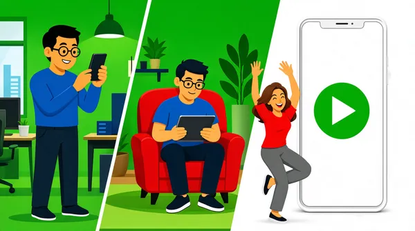 [Format]
Landscape 16:9 gig cover, flat vector illustration with clean cartoon figures and solid color blocks. Smooth edges, no texture, no watermark, no personal names.

[Layout]
The frame is split into three tall diagonal panels that slant slightly from top-left to bottom-right. The left panel shows an office interior, the center panel shows a living-room scene, and the right panel shows a smartphone screen with a figure beside it. A bold green background unifies the first two panels, while the right panel is mostly white behind the phone. The panels overlap with sharp diagonal edges, creating a dynamic comic-strip feel. No headline text is present; the visual scenes carry the cover.

[Subject]
Left: a cartoon man with black hair and round glasses, wearing a blue long-sleeve shirt and dark trousers, smiling and holding a smartphone up with both hands. Center: a cartoon man with dark hair and glasses, wearing a blue t-shirt and dark pants, sitting on a red armchair holding a tablet. Right: a cartoon woman with brown hair in a red shirt and grey pants, dancing with arms raised next to a giant white smartphone with a green play button on its screen.

[Headline]
none — typographic only

[Badges]
A large green circular play button with a white right-pointing triangle sits on the smartphone screen in the right panel, centered in the white phone bezel.

[Mood]
Bright greens, red accents, and clean whites give the cover an energetic, friendly, app-promo feel. The split-screen layout reads clearly at thumbnail size and suggests multiple use cases for explainer videos.