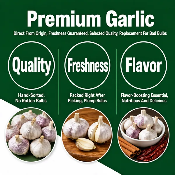 [Format]
Professional e-commerce product main image, square 1:1, crisp agricultural-produce infographic style.

[Colors]
Background a deep emerald green (#1f7a52) with a large white diagonal wedge sweeping up from the lower left; white and green type; photographic garlic tones of purple-white bulbs. No frame border.

[Layout]
Headline centered at the top; a white sub-line row beneath it; three tall vertical panels across the middle, each headed by a huge white-outlined circle with one giant word, a two-line caption below, and a circular food photo at its base.

[Subject]
No people. Three circular inset photos along the bottom: a pile of purple-tinged white garlic bulbs, two plump bulbs with a split clove on a wooden board, and a white bowl of garlic bulbs beside cinnamon sticks and dried chilies; soft studio light on each.

[Headline]
Huge white bold characters "Premium Garlic" at the top; beneath, a spaced white line "Direct From Origin, Freshness Guaranteed, Selected Quality, Replacement For Bad Bulbs".

[Badges]
Three giant outline circles containing the bold single words "Quality", "Freshness" and "Flavor", each with two caption lines: "Hand-Sorted, No Rotten Bulbs", "Packed Right After Picking, Plump Bulbs", "Flavor-Boosting Essential, Nutritious And Delicious".

[Mood]
Fresh, dependable and market-fresh; confident green with clean infographic rhythm and appetizing garlic photography.