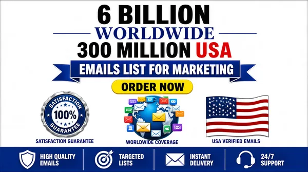 [Format]
Landscape 16:9 gig cover, bold marketing banner with a white and blue patriotic palette. Flat vector finish, no watermark, no personal names.

[Layout]
The top half is dominated by three stacked lines of large text and a blue ribbon banner. A yellow CTA pill sits below the ribbon. The lower half shows a row of three trust badges above a blue footer strip divided into four segments.

[Subject]
none — typographic and icon only, with a globe of colorful app/email icons in the center of the badge row.

[Headline]
Top: "6 BILLION" in huge black bold sans. Below: "WORLDWIDE" in blue serif flanked by thin horizontal lines. Below: "300 MILLION" in black bold sans with "USA" in red sans. Blue ribbon banner: "EMAILS LIST FOR MARKETING" in white bold sans. Yellow rounded pill: "ORDER NOW" in black bold sans. Labels under the badges: "SATISFACTION GUARANTEE", "WORLDWIDE COVERAGE", "USA VERIFIED EMAILS". Footer strip: shield "HIGH QUALITY EMAILS", target "TARGETED LISTS", envelope "INSTANT DELIVERY", headset "24/7 SUPPORT".

[Badges]
Left: a blue and silver circular "100% SATISFACTION GUARANTEE" seal. Center: a globe covered in colorful app and email icons. Right: the USA flag.

[Mood]
Patriotic red, white and blue with a yellow accent; high-trust marketing banner feel, reads as a data-list offer at thumbnail size.