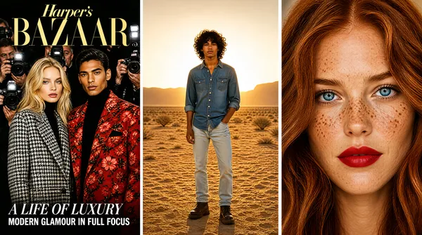 [Format]
Landscape 16:9 gig cover, three-panel editorial portfolio strip, magazine-quality photography. No watermark, no personal names.

[Layout]
Three equal-width vertical photo panels sit side by side, each separated by a thin white gutter, filling the frame edge to edge — a 3x1 triptych. Left panel: a complete fashion-magazine cover layout, masthead at top, cover lines at the bottom, with a crowded paparazzi scene around two models. Centre panel: a single full-height environmental portrait of a young man in a desert at sunset, sun flaring behind his head. Right panel: a tight beauty close-up of a woman's face filling the panel. All three panels are full-bleed; the only structure is the seam between them.

[Subject]
Left panel: a blonde woman in a black-and-white houndstooth coat beside a man in a red floral coat, hemmed in by photographers with cameras raised. Centre panel: a young man with dark curly hair in a denim shirt and light jeans, standing on a desert plain, backlit by a low sun. Right panel: a woman with long auburn wavy hair, freckles, bold red lips and blue eyes, face filling the frame, soft frontal light.

[Headline]
Only the left panel carries type: the famous Harper's Bazaar masthead — "Harper's" in small script above giant gold serif "BAZAAR" capitals cropped by the panel edge — near the top, and two white cover lines at the bottom, a serif italic line reading approximately "A LIFE OF LUXURY" above a smaller white sans-caps cover line of similar length.

[Badges]
The Harper's Bazaar masthead described above is the only mark; no icons, seals or ratings anywhere.

[Mood]
Warm editorial glamour — sunset amber, denim blue, red coats, auburn hair. At thumbnail size the three-photo strip reads as a high-fashion retouching portfolio.