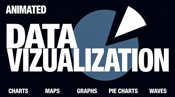[Format]
Landscape 16:9 gig cover, ultra-minimal flat typographic poster. Clean matte vector finish. No watermark, no personal names.

[Layout]
A single flat panel in very dark navy, almost black, with generous empty space. A huge pie-chart shape dominates the centre-right: a large circle in slate blue occupying about 55% of the frame height, centred slightly right of middle, with one white wedge slice pulled out and offset toward the top-right, the gap exposing the dark background. The typography sits on top of and beside this shape. A single row of five small labels runs along the bottom edge, evenly spaced across the full width. Everything else is negative space; no borders, no panels, no depth cues — pure flat 2D.

[Subject]
None — typographic only.

[Headline]
Top-left, "ANIMATED" in white bold caps at medium size. Centre, two stacked lines in huge white condensed extra-bold caps that overlap the pie shape: "DATA" on the first line starting left of the circle, "VIZUALIZATION" beneath it spanning nearly the full frame width. Bottom row, small white bold caps labels evenly spaced left to right: "CHARTS", "MAPS", "GRAPHS", "PIE CHARTS", "WAVES".

[Badges]
None.

[Mood]
Near-black navy, slate blue and white only; quiet, editorial, confident; the giant pie silhouette and the heavy white type keep it legible at thumbnail size.