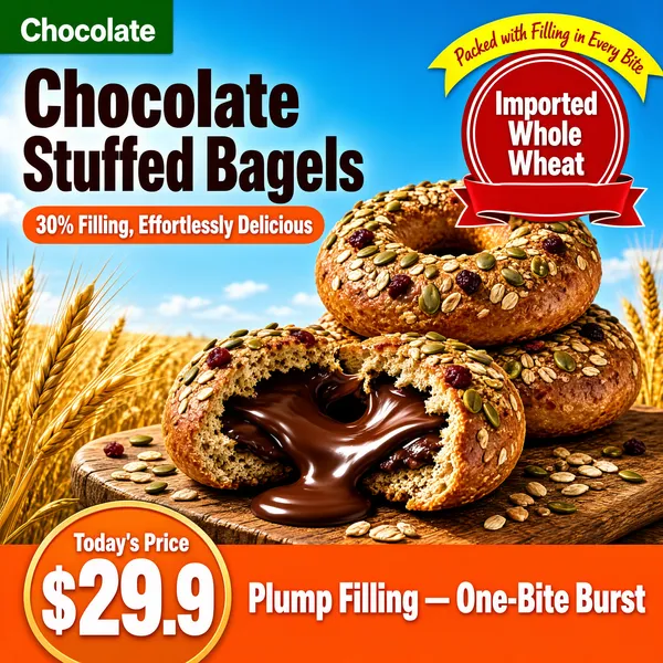 [Format]
Professional e-commerce product main image, square 1:1, sunny bakery-advertising style with a wheat-field sky backdrop and hearty appetite appeal.

[Colors]
Bright cerulean sky background (#4d9fd6 range) over a golden wheat field with stalks framing the lower corners; primary accent warm orange for type; golden-brown baked bagels; a full-width orange band closes the bottom; No frame border.

[Layout]
A small green header tab with logo text sits top-left; the headline fills the upper-left; an orange capsule pill sits beneath it; a red circular badge with a curved banner overlaps the top-right; the bagel stack fills the centre-right; the orange footer band spans the bottom with a price medallion at the left.

[Subject]
No people. A tower of three whole-grain bagels studded with oats, pumpkin seeds and dried cranberries, the front bagel broken open with thick molten chocolate filling stretching and oozing from its centre; rustic grains and a wooden board surface ground the stack.

[Headline]
Upper-left in very heavy dark-brown caps: "Chocolate" over "Stuffed Bagels". Beneath, an orange capsule with white text: "30% Filling, Effortlessly Delicious". Top-right red seal: "Imported Whole Wheat" in white with a yellow ribbon above it reading "Packed with Filling in Every Bite" in tiny red script.

[Badges]
The red "Imported Whole Wheat" seal and the yellow ribbon described above. Orange footer band: "Today's Price" above "$29.9" in huge white numerals with "Plump Filling — One-Bite Burst" in bold white caps to the right.

[Mood]
Warm, rustic and indulgent; blue-sky freshness against molten chocolate decadence, punchy orange type shouting value.