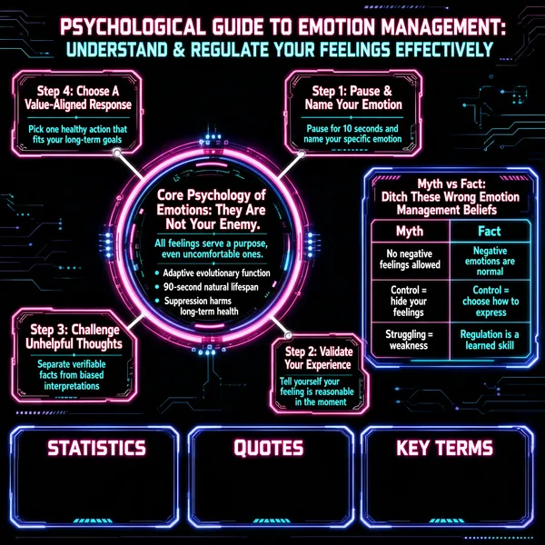 This visually striking infographic, titled "PSYCHOLOGICAL GUIDE TO EMOTION MANAGEMENT: UNDERSTAND & REGULATE YOUR FEELINGS EFFECTIVELY," is designed in a cyberpunk aesthetic with neon pink and cyan accents against a dark, digital-themed background. The layout is centered around a circular diagram with four steps radiating outward, connected by white lines to a central core concept. The overall style features glowing borders, circuit-like patterns, and a futuristic interface look, suggesting a high-tech approach to emotional intelligence. At the center of the infographic is a prominent circular element outlined in neon pink and cyan, labeled "Core Psychology of Emotions: They Are Not Your Enemy." This section emphasizes that all feelings serve a purpose, even uncomfortable ones, and lists three key points: - Adaptive evolutionary function - 90-second natural lifespan - Suppression harms long-term health Surrounding this core are four main steps, each presented in a rectangular box with a glowing border, arranged clockwise from the top right: **Step 1: Pause & Name Your Emotion** - Instruction: "Pause for 10 seconds and name your specific emotion" **Step 2: Validate Your Experience** - Instruction: "Tell yourself your feeling is reasonable in the moment" **Step 3: Challenge Unhelpful Thoughts** - Instruction: "Separate verifiable facts from biased interpretations" **Step 4: Choose A Value-Aligned Response** - Instruction: "Pick one healthy action that fits your long-term goals" To the right of the central circle, there is a section titled "Myth vs Fact: Ditch These Wrong Emotion Management Beliefs," presented as a two-column table: | Myth | Fact | |--------------------------|-------------------------------| | No negative feelings allowed | Negative emotions are normal | | Control = hide your feelings | Control = choose how to express | | Struggling = weakness | Regulation is a learned skill | At the bottom of the infographic, three empty rectangular sections are labeled in large, bold, neon-pink text: "STATISTICS," "QUOTES," and "KEY TERMS." These sections appear to be placeholders for additional content not included in the current version. The visual design uses consistent color coding—pink for titles and headings, cyan for subtitles and supporting text—enhancing readability and guiding the viewer’s eye through the structured flow. The entire composition conveys a modern, science-based approach to emotion regulation, combining psychological principles with an engaging, tech-inspired visual language.