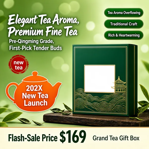 [Format]
Professional e-commerce product main image, square 1:1, serene green promo for a premium tea gift box.

[Colors]
Soft green tea-leaf background (#9fc08a range) with bokeh, deep emerald gift box with gold accents, white headline text, orange teapot badge, green pill tags, cream bottom bar.

[Layout]
Two-line headline top left with a red "new tea" seal, three green pill tags stacked top right, orange teapot badge below the headline, hero box standing on a wooden board at right, price line across the cream bottom band.

[Subject]
A square deep-green tea gift box with a white blank label card and fine gold wave-line pagoda artwork, sitting on a dark wooden plank with scattered leaves.

[Headline]
Top left: "Elegant Tea Aroma, Premium Fine Tea" in bold white brush-style lettering. Subline: "Pre-Qingming Grade, First-Pick Tender Buds". Green pills: "Tea Aroma Overflowing", "Traditional Craft", "Rich & Heartwarming". Orange teapot badge: "202X New Tea Launch". Bottom: "Flash-Sale Price $169" and "Grand Tea Gift Box".

[Badges]
Orange teapot-shaped launch badge left middle; red seal beside the headline.

[Mood]
Calm, refined and fragrant, a dignified gift-box tea ceremony.