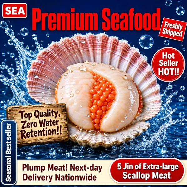[Format]
Professional e-commerce product main image, square 1:1, fresh-catch scallop seafood promo splashing in ocean blue.

[Colors]
Background deep ocean blue (#1668b8) with icy water splashes, air bubbles and frost, primary accent the coral-orange scallop flesh, secondary red headline and tags, a wooden sign prop, white bold type, No frame border.

[Layout]
Giant open scallop hero center with a wooden quality sign at lower-left; red headline at top with a small red yes-reply tag beside it; bottom-left white vertical chip; bottom band holds a cream strip and a red capsule with the weight claim; top-left logo chip.

[Subject]
A plump fresh scallop in its ridged pinkish shell, glistening orange roe and creamy white adductor muscle, jewels of seawater beading around it.

[Headline]
Red heading: "Premium Seafood" with a tilted red tag "Freshly Shipped". Wooden sign: "Top Quality, Zero Water Retention!!". Red round tag: "Hot Seller HOT!!". White chip: "Seasonal Best-seller". Cream strip: "Plump Meat! Next-day Delivery Nationwide". Red capsule: "5 Jin of Extra-large Scallop Meat".

[Badges]
Logo chip, wooden sign, hot-seller roundel, reply tag, weight capsule.

[Mood]
Bracing and appetizing, an ice-cold sea-fresh guarantee at festival speed.