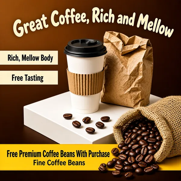 [Format]
Professional e-commerce product main image, square 1:1, rich cafe-style beverage advertising with cosy roasted-brown tones.

[Colors]
Background is a smooth coffee-brown gradient running from light caramel at the top to deep espresso in the #5a3a24 range at the bottom. Accents are warm cream for the main title, soft white display blocks, and a mustard-yellow band at the bottom. No frame border.

[Layout]
The main headline arches across the upper third in cream lettering. A tilted white plinth in the centre-right carries the hero cup and bag. The left edge holds two stacked cream strips of supporting copy. A mustard-yellow ribbon crosses the lower quarter with the offer line, and a burlap sack of beans sits in the bottom-right corner, with scattered beans at the base of the plinth.

[Subject]
A white takeaway paper coffee cup with a black sipper lid and a corrugated kraft sleeve stands beside a crumpled kraft-paper coffee bag on the white display block, both shot in soft warm light. In the lower right, an open jute sack overflows with glossy roasted coffee beans; a few loose beans dot the plinth surface. No people.

[Headline]
Top centre: "Great Coffee, Rich and Mellow" in large rounded cream characters with a friendly hand-drawn feel. Left strips, dark brown text on cream: "Rich, Mellow Body" and "Free Tasting". Bottom yellow band: "Free Premium Coffee Beans With Purchase" in bold dark-brown caps, followed by a smaller line "Fine Coffee Beans" beneath.

[Mood]
Warm, roasted and inviting; caramel-brown cafe lighting with tactile paper textures and generous, homey typography.