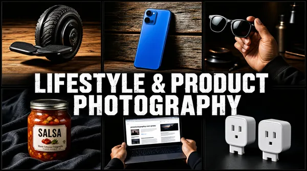 [Format]
Landscape 16:9 gig cover, moody lifestyle product grid, cinematic low-key lighting. No watermark, no personal names.

[Layout]
A 2x3 grid with thin dark gutters. A large gritty stencil headline is centered over the middle seam. Top row shows tech and accessories; bottom row shows food, laptop, and gadget still-lifes. The overall lighting is dramatic and shadow-heavy.

[Subject]
Top left: a mono-wheel electric board on wood. Top center: a bright blue smartphone leaning on weathered timber. Top right: a hand holding sunglasses. Bottom left: a jar of salsa on dark fabric. Bottom center: hands holding a laptop showing a webpage. Bottom right: two white smart plugs on a dark surface.

[Headline]
Centered across the middle in a distressed stencil sans: "LIFESTYLE & PRODUCT PHOTOGRAPHY" in white, split over two lines.

[Badges]
None.

[Mood]
Dark navy, black, warm wood, and saturated blue accents; rugged, cinematic, and masculine lifestyle energy.