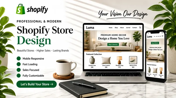 [Format]
Professional Fiverr gig cover, landscape 16:9 banner, soft lifestyle product photography style with a Shopify store mockup. Warm, natural, aspirational home-office scene. No watermark, no personal names.

[Layout]
A bright interior scene: a marble desk surface with a coffee cup, notebook, pen and potted plants, soft shadows from window blinds on a white wall. The left side carries the Shopify logo, headline and feature bullets; the right side shows a laptop and smartphone displaying a home-decor store.

[Subject]
No people. The scene is built around lifestyle props and device mockups. A white coffee mug sits on a wooden coaster, a dark notebook and pen rest on the desk, and green plant leaves frame the composition at the left and right edges.

[Headline]
Upper left: the Shopify green shopping-bag logo followed by "shopify" in black script. Below, small letterspaced black caps "PROFESSIONAL & MODERN". Then "Shopify Store Design" in large black-and-green serif across two lines. Under it, "Beautiful Stores · Higher Sales · Lasting Brands" in smaller grey. A list of four features with green circle icons: "Mobile Responsive", "Fast Loading", "Sales Focused", "Fully Customizable". At the bottom left, a dark green pill button with white text "Let's Build Your Store" and a right arrow.

[Badges]
No separate badge row.

[Devices]
Centre-right: a silver laptop and a black smartphone showing the same home-decor Shopify store branded "Luma". The store header has navigation "Home Shop About Journal Contact" and a cart icon. The hero reads "PREMIUM HOME DECOR / Design a Home You Love" over a bright living-room photograph, with a green "Shop Collection" button. Below, a "Featured Collection" grid shows products: Ceramic Vase, Linen Cushion, Wooden Lamp and Wall Art Print with prices.

[Graphic accents]
Upper right: handwritten script in dark grey reading "Your Vision Our Design".

[Mood]
Warm, lifestyle-driven and aspirational; soft natural light, clean Shopify store demo, premium home-decor aesthetic.