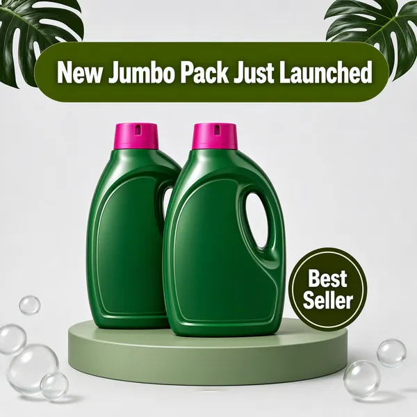 [Format]
Professional e-commerce product main image, square 1:1, minimal household-goods style with botanical props and a single banner headline.

[Colors]
A pale grey studio field (#efefef range) with a sage-green round podium; accents in vivid bottle green, magenta caps and olive type. No frame border.

[Layout]
A wide olive-green pill banner spans the top carrying the headline; monstera leaves frame the upper corners; a small dark-olive circle badge sits beside the bottles; translucent bubbles drift near the lower corners; the bottle pair sits centred on the podium with generous negative space.

[Subject]
Two identical large green laundry-detergent bottles with curved ergonomic shoulders, moulded handle cut-outs and bright magenta measuring-cap lids, standing side by side with one slightly ahead of the other on a low sage disc; clean even light with soft reflections. No people.

[Headline]
"New Jumbo Pack Just Launched" in bold white type inside the olive banner pill. A dark-olive circular badge beside the bottles reads "Best Seller" in two stacked white lines with a thin ring.

[Mood]
Fresh, tidy and eco-leaning; crisp grocery-store clarity with a gentle botanical touch.
