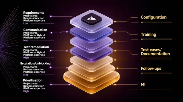 [Format]
Landscape 16:9 gig cover, minimal dark 3D product-render aesthetic with thin technical annotation. Deep gradient background, translucent glass layers, soft bloom, fine hairline rules. No watermark, no personal names.

[Layout]
A near-black plum-purple gradient fills the frame, darkening toward the corners and lifting to a warm glow at the centre. The middle vertical third is occupied by a stacked isometric cake of eight translucent rounded-diamond layers, floating in even increments with a gap between each; the top four slabs are violet and blue-purple, the lower four shift into tan and warm amber, and the whole stack glows softly, widest at the base. The topmost slab carries a small dark rounded tile holding a white three-peak mountain mark. Flanking the stack, a left column of five and a right column of five small annotation blocks are stacked down the frame, their thin leader lines reaching inward and ending in tiny glowing dots beside the stack — purple dots on the left, amber dots on the right. Perspective hairlines fan out at the far left edge to suggest depth.

[Subject]
None — the layered isometric stack is the hero object; no people appear.

[Headline]
No display headline. Only small annotation copy: each left block reads a white semi-bold "Task" heading (Requirements, Communication, Test remediation, Escalation/Unblocking, Prioritisation) above violet micro-labels "Project area" with values Business function, Platform or Hybrid, and "Platform expertise" with Low, Med or High. The right blocks mirror the structure in amber with Configuration, Training, Test cases/Documentation, Follow-ups and MI. All type is tiny, roughly one fortieth of the frame height.

[Badges]
None.

[Mood]
Midnight plum, violet and warm tan with a soft central bloom and hairline leader lines. Calm, engineering and premium; at thumbnail size the glowing stack reads as a single bright isometric beacon framed by two columns of faint text.