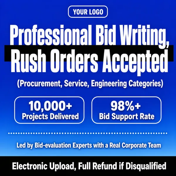 [Format]
Professional e-commerce text-service main image, square 1:1, bold bid-document service poster in confident royal blue.

[Colors]
Background saturated royal blue (#1543c8) fading lighter toward the bottom, primary accent white headline slabs with a black highlight bar, secondary white outline capsules and a black bottom strip, No frame border.

[Layout]
Fully typographic vertical stack: giant white two-line headline occupying the upper half with a black strike-through bar behind the first line; bracketed category line beneath; two white outline capsules side by side; a dotted-line caption row; full-width black strip at the bottom.

[Subject]
No physical product; a text-only poster using weight contrast, capsule outlines and dotted dividers for a formal tender-service offer.

[Headline]
Giant white slab: "Professional Bid Writing, Rush Orders Accepted". Bracketed line: "(Procurement, Service, Engineering Categories)". White capsules: "10,000+ Projects Delivered" and "98%+ Bid Support Rate". Dotted caption: "Led by Bid-evaluation Experts with a Real Corporate Team". Black strip: "Electronic Upload, Full Refund if Disqualified". Top-center "YOUR LOGO" chip.

[Badges]
Logo chip top-center, two stat capsules, bottom black guarantee strip.

[Mood]
Authoritative and reassuring, promising expert tender help at any hour.