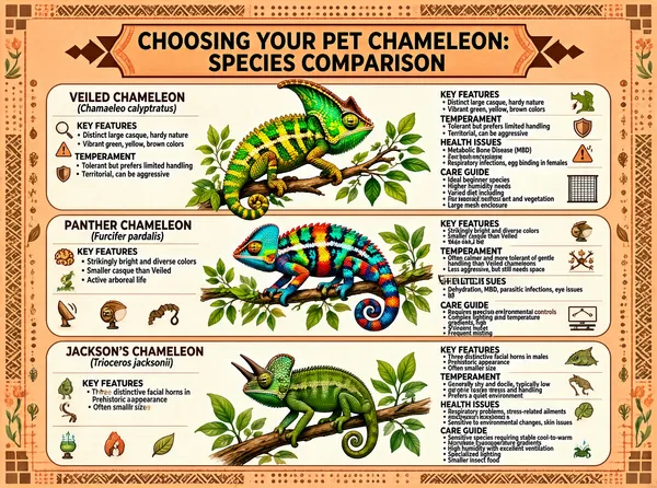 The infographic titled “CHOOSING YOUR PET CHAMELEON: SPECIES COMPARISON” is designed in a warm, peach-orange color palette with decorative borders featuring geometric patterns, dots, and subtle floral motifs. The layout is organized into three vertically aligned, rounded rectangular panels, each dedicated to one chameleon species: Veiled Chameleon, Panther Chameleon, and Jackson’s Chameleon. Each panel includes an illustrated depiction of the respective chameleon perched on a branch surrounded by foliage, along with icons representing temperature, humidity, diet, and other care-related elements. Each species section contains four main subsections: KEY FEATURES, TEMPERAMENT, HEALTH ISSUES, and CARE GUIDE. These are visually separated by horizontal lines and accompanied by small, stylized icons (e.g., a hand for temperament, a clipboard for health, a plant for care). --- **VEILED CHAMELEON (Chamaeleo calyptratus)** - **KEY FEATURES**: - Distinct large casque, hardy nature - Vibrant green, yellow, brown colors *(Icon: head profile with casque)* - **TEMPERAMENT**: - Tolerant but prefers limited handling - Territorial, can be aggressive *(Icon: hand with caution symbol)* - **HEALTH ISSUES**: - Metabolic Bone Disease (MBD) - Respiratory infections, egg binding in females *(Icon: clipboard with medical symbols)* - **CARE GUIDE**: - Ideal beginner species - Higher humidity needs - Varied diet including insects and vegetation - Large mesh enclosure *(Icons: leaf bowl, cage with chameleon silhouette)* --- **PANTHER CHAMELEON (Furcifer pardalis)** - **KEY FEATURES**: - Strikingly bright and diverse colors - Smaller casque than Veiled - Active arboreal life *(Icon: circular pattern suggesting color variation)* - **TEMPERAMENT**: - Often calmer and more tolerant of gentle handling than Veiled chameleons - Less aggressive, but still needs space *(Icon: feather, symbolizing gentleness or calmness)* - **HEALTH ISSUES**: - Dehydration, MBD, parasitic infections, eye issues *(Icon: eye with concern mark)* - **CARE GUIDE**: - Requires precise environmental controls - Complex lighting and temperature gradients, high ventilation - Varied insect diet - Frequent misting *(Icons: thermometer, sun with water droplet)* --- **JACKSON’S CHAMELEON (Trioceros jacksonii)** - **KEY FEATURES**: - Three distinctive facial horns in males - Prehistoric appearance - Often smaller size *(Icon: head profile with horns)* - **TEMPERAMENT**: - Generally shy and docile, typically low tolerance for stress and handling - Prefers a quiet environment *(Icon: hand with wavy lines indicating sensitivity)* - **HEALTH ISSUES**: - Respiratory problems, stress-related ailments - Sensitive to environmental changes, skin issues *(Icon: heartbeat line with heart shape)* - **CARE GUIDE**: - Sensitive species requiring stable cool-to-warm temperature gradients - High humidity with excellent ventilation - Specialized lighting - Smaller insect food *(Icons: water droplets, beetle)* --- The overall style is clean, informative, and visually engaging, using consistent iconography and typography to enhance readability. The infographic uses no charts or graphs; instead, it relies on structured text blocks, bullet points, and illustrative icons to convey information. The illustrations of the chameleons are detailed and colorful, accurately reflecting their real-world appearances and distinguishing physical traits. The title is prominently displayed at the top in bold, uppercase letters within a decorative banner flanked by arrow-like shapes. All text is in English, and the content is presented in a way that enables easy comparison across species.