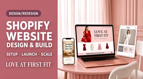 [Format]
Professional Fiverr gig cover, landscape 16:9 banner. Soft feminine e-commerce showcase style with a two-tone rose-pink palette. No watermark, no personal names.

[Layout]
A vertical split. The LEFT half (about 52%) is a flat dusty-pink panel carrying all the typography. The RIGHT half is a photographic scene: a blush-pink paneled dressing room with sheer curtains, a round pink table and a white chair, on which a device trio is arranged. The two halves meet at a clean straight edge.

[Subject]
No people in the frame itself; small fashion models appear only inside the device screens.

[Headline]
On the pink panel, left-aligned: a mauve rounded pill containing "DESIGN/REDESIGN" in white caps; then "SHOPIFY" in very large white sans-serif caps; then "WEBSITE" in the same weight and size on the next line; then "DESIGN & BUILD" in large white caps. Beneath, a single line of smaller white caps with middle dots: "SETUP · LAUNCH · SCALE".

[Devices]
On the right scene, a rose-gold laptop stands open on the pink table showing a fashion e-commerce site: the hero banner reads "LOVE AT FIRST FIT" over a model in a red outfit holding a red handbag, with a product row of four dress cards below and a "TRENDING-DRESS COLLECTION AUGUST" strip. A tablet leans to the right of the laptop displaying a boutique page with a model in white and grey text blocks; a smartphone stands in front at the left of the laptop showing a warm interior page headed "Furniture That Fits Your Life". All three screens share the same soft pink feminine branding.

[Mood]
Elegant, calm and boutique; dusty pink on pink with crisp white type, styled product photography and a gentle lifestyle atmosphere.