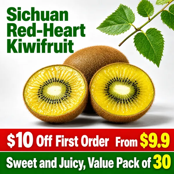 [Format] Professional e-commerce product main image, square 1:1, high-contrast value fruit promo with stacked offer bars.
[Colors] Neutral light-gray studio backdrop, vivid grass-green #2f8f3e headline type, golden kiwi flesh in sunny yellow-green, a red offer bar and a green value bar across the bottom; no frame border.
[Layout] The origin-plus-fruit name stacks top-left in two bold lines; whole and cut fruit fill the center with a leafy sprig entering from the top-right corner; two full-width offer bars anchor the bottom edge in red and then green.
[Subject] One whole fuzzy brown kiwifruit sitting behind two juicy halves exposing bright golden flesh ringed with black seeds, cut faces angled toward the viewer with a soft shadow grounding the fruit on the surface.
[Headline] Sichuan Red-Heart Kiwifruit in heavy dark-green characters split across two bold lines at the top; the red bar reads $10 Off First Order in white followed by From $9.9 with the figure oversized in yellow; the green bar beneath declares Sweet and Juicy, Value Pack of 30 in white with the count emphasized in yellow.
[Mood] Punchy sweet-deal energy with farm-fresh appeal.