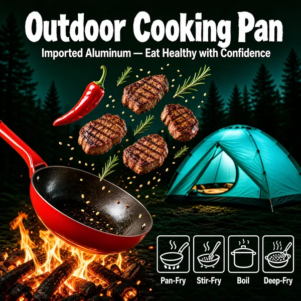 [Format]
Professional e-commerce product main image, square 1:1, dramatic outdoor-cooking style staged at a glowing night campsite with airborne ingredients.

[Colors]
Deep night greens and teals — dark forest ground, a luminous turquoise tent glowing at the right; the wok in vivid red with licking orange flames below; seared steaks warm brown with herb garnish; headline in white caps; four white outlined icon tiles. No frame border.

[Layout]
The headline pair sits across the top, sub-line beneath. The red wok rocks at the lower left on a bed of open flame, three grilled steaks and a red chilli suspended in mid-air above it in a rising arc. The glowing tent anchors mid-right. A row of four square outlined tiles with icons and single-character labels runs across the lower right.

[Subject]
No people. A bright red outdoor frying pan with a long handle tilted over real flames and scattered embers, thick-cut beef steaks with rosemary sprigs and a fresh red chilli flying above it, sesame flecks drifting; teal-lit campsite night with a softly focused dome tent and trees behind.

[Headline]
Top, in bold white caps with a hand-cut feel: "Outdoor Cooking Pan". Sub-line in smaller white: "Imported Aluminum — Eat Healthy with Confidence".

[Badges]
Lower-right, four white outlined square tiles with line icons above white characters: "Pan-Fry", "Stir-Fry", "Boil", "Deep-Fry".

[Mood]
Adventurous and appetite-charged; campfire glow against teal night, sizzling steak drama, rugged versatility on show.