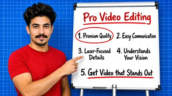 [Format]
Landscape 16:9 gig cover, realistic photo composite: a man on the left presenting a white flip-chart whiteboard filled with handwritten notes, over a bright blue grid backdrop. Clean educational finish. No watermark, no personal names.

[Layout]
The background is a vivid blue wall with a fine lighter grid pattern. The right 55% is a large white flip-chart pad on a silver stand, its top bar visible, tilted almost vertical and filling the right side from top edge to bottom. The left 45% is a man from the chest up, cut out, standing close to the board; his right arm reaches across into the board's lower-left area with the index finger extended, pointing at one of the handwritten items. The whiteboard carries a red underlined title at the top and five numbered handwritten points arranged in a loose two-column layout, one point circled in red.

[Subject]
A young man in his mid-twenties, thick wavy dark quiff hair, moustache and light chin beard, wearing a plain red t-shirt, level confident gaze into the camera, fair-to-olive skin, sharply lit against the blue grid.

[Headline]
All text lives on the whiteboard as marker handwriting: (1) title "Pro Video Editing" in red marker with a red underline; (2) numbered list in black marker: "1. Premium Quality" (circled in red), "2. Easy Communication", "3. Laser-Focused Details", "4. Understands Your Vision", "5. Get Video that Stands Out" (with "Video that Stands Out" underlined in red).

[Badges]
None — the red circle and underlines are the only marks.

[Mood]
Bright blue wall, clean white board, red marker accents — classroom clarity with a friendly presenter. At thumbnail size the whiteboard and pointing hand carry the layout.