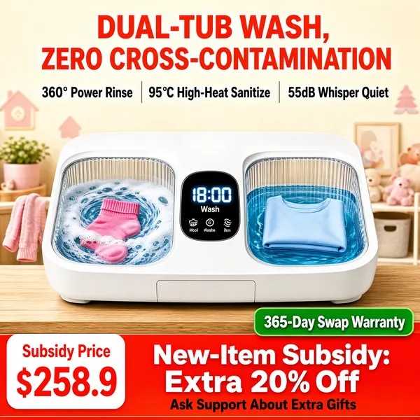 [Format]
Professional e-commerce product main image, square 1:1, bright appliance-demo style with spec numerals and a split-tub hero.

[Colors]
A warm cream field (#f7f0e4 range) with a softly blurred nursery backdrop; accents in coral-red headline, sky-blue water, a pink garment and a green strip. Red offer band along the bottom edge.

[Layout]
The red headline is centred at the top with a three-part spec row beneath it separated by thin bars; the appliance fills the middle on a wood-look tabletop; the bottom fifth is a split offer strip with a white price chip at the left and a red deal band at the right.

[Subject]
A compact countertop twin-tub washer in white with ribbed transparent tubs open to view: the left tub swirls soapy water around a pink sock while the right tub holds clear blue water with a folded light-blue garment; a rounded LED panel between them glows showing "18:00" and a mode label, with small control icons below. No people.

[Headline]
"Dual-Tub Wash, Zero Cross-Contamination" in bold coral-red caps. Spec row: "360° Power Rinse", "95°C High-Heat Sanitize", "55dB Whisper Quiet". Footer: a white chip "Subsidy Price $258.9"; a red band "New-Item Subsidy: Extra 20% Off"; a green tag "365-Day Swap Warranty"; a small line "Ask Support About Extra Gifts".

[Mood]
Cheerful, hygienic and parent-practical; creamy domestic warmth with juicy red deal cues.