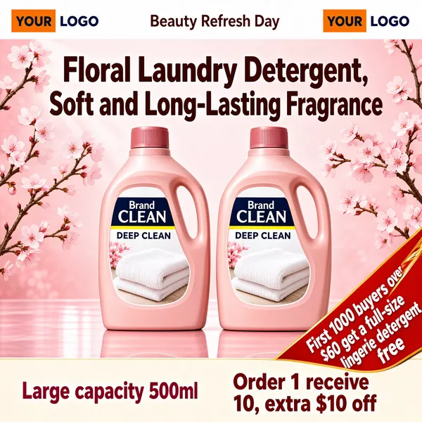[Format]
Professional e-commerce product main image, square 1:1, soft romantic floral home-care advertising style with a pink spring palette.

[Colors]
A rosy pink background in the #f7d9dd range with bright window light, cherry-blossom branches framing both sides, cream and gold accents; the two blush-pink bottles carry small navy and yellow label details. A white header strip at the very top. No frame border.

[Layout]
A wide white header bar across the top with logo tags and a campaign name. Below it, the headline in bold rose-brown characters spans the width. Two laundry-detergent bottles stand side by side in the centre on a glossy floor. A red diagonal ribbon crosses the lower right; a pale band near the bottom holds the volume note on the left and the deal line on the right.

[Subject]
Two identical blush-pink plastic detergent bottles with rose-pink caps and moulded side handles, labels reading "Brand CLEAN" with "DEEP CLEAN" beneath, a white folded towel photograph on the label, clean product lighting, soft reflections under the bottles.

[Headline]
Top white bar: two small orange corner tags and the campaign line "Beauty Refresh Day" flanked by "YOUR LOGO". Main headline in heavy brown-rose characters: "Floral Laundry Detergent, Soft and Long-Lasting Fragrance". Red ribbon lower right: "First 1000 buyers over $60 get a full-size lingerie detergent free". Bottom-left: "Large capacity 500ml". Bottom band: "Order 1 receive 10, extra $10 off" in deep pink.

[Badges]
Small orange square logo tag at top-left of the header; no other badges.

[Mood]
Sweet, fresh and feminine; blossom-pink light with tidy commercial typography, gentle and trustworthy at thumbnail size.