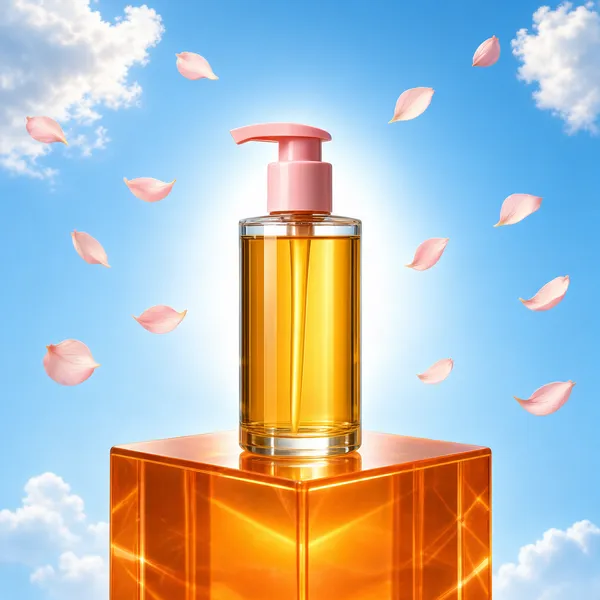 [Format]
Professional e-commerce product main image, square 1:1, airy natural product-hero style.
[Colors]
A sky-blue background #bcd9ee with soft white clouds at the upper corners and a bright glow behind the bottle; drifting pink petals; amber-gold liquid in a clear bottle; a warm orange glass cube pedestal with visible refractions. No frame border.
[Layout]
A transparent amber pump bottle stands centred on a glowing orange glass cube that rises from the bottom edge; clouds and petals fill the surrounding sky; generous negative space above and around.
[Subject]
A clear pump bottle filled with golden cleansing oil, its pink pump head caught in soft sunlight, standing on a translucent orange acrylic cube against a bright sky with fluffy clouds and floating blush petals; the cube's translucent edges catch the light and cast a warm glow onto the clouds below. No people.
[Headline]
No headline text anywhere; the image is a pure hero-shot composition.
[Badges]
No badges and no other graphic elements.
[Mood]
Serene, weightless and fresh; sunlit sky blues with warm amber glass and slow-drifting petals, floating natural purity.