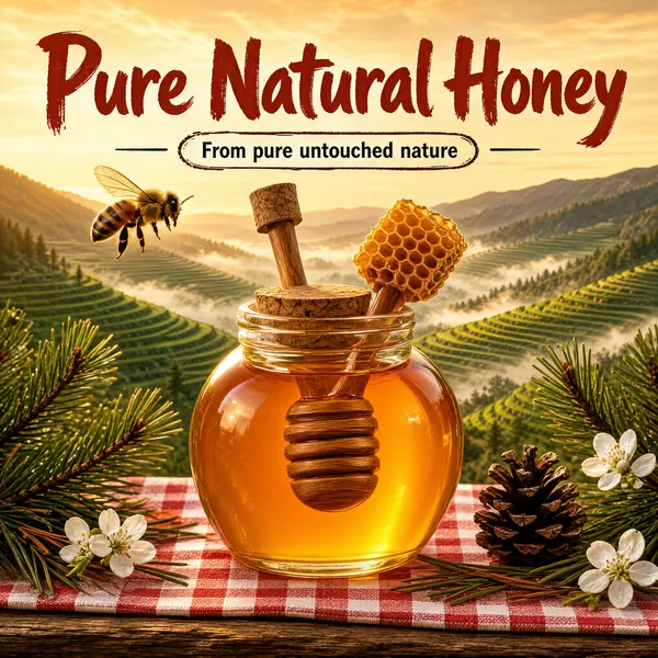 [Format]
Professional e-commerce product main image, square 1:1, pastoral gourmet honey advertising style with a scenic mountain backdrop.

[Colors]
Background is a golden-hour mountain valley with terraced green fields, drifting mist and a warm amber sky; primary accents are honey-gold liquid tones, forest-green pine sprigs, and rust-red brush headline type. No frame border.

[Layout]
Top: the headline in two lines of rustic red brush type with a small round chip beneath reading "from pure nature" between dashes. Centre: the honey jar on a red-and-white gingham cloth on a rustic wooden ledge, flanked by pine branches, a pinecone and white blossoms; a bee hovers upper-left.

[Subject]
A round glass honey jar with a cork-topped wooden dipper inside, glowing translucent amber honey with a wooden honeycomb paddle resting in it; the jar sits on a chequered red picnic cloth with pine needles, a pinecone and delicate white flowers around, golden valley light behind.

[Headline]
Top-centre: "Pure Natural Honey" in heavy hand-brushed rust-red display type with an ink texture. Beneath it, a small bordered chip with dark text "From pure untouched nature" flanked by thin dashes.

[Badges]
No badges; the rustic chip is the only stamp.

[Mood]
Warm, artisanal and harvest-fresh; amber honey glow over misty green mountains with hand-crafted brush type.