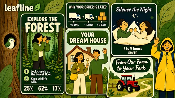 [Format]
Landscape 16:9 gig cover, hand-drawn flat-illustration infographic board in muted earthy tones. Textured paper grain, soft flat fills, rounded organic shapes, no gradients. No watermark, no personal names.

[Layout]
A dense pinboard of six illustrated poster tiles overlaps across an olive-green botanical backdrop, with large stylised leaves and a brown tree trunk intruding from the left edge (a small bird peeks from a hole in it) and a standing figure at the far right. Top-left hotspot: a lowercase rounded-sans wordmark for an illustration studio with a small leaf accent, floating over the background. The tiles read left to right: a tall centre-left panel headlined EXPLORE THE FOREST showing a woman with a camera, numbered circular call-outs 1 and 2 with body copy, and a bottom stat row of 25%, 62% and 17%; a narrow top-centre strip titled WHY YOUR ORDER IS LATE? with a ship, a delivery van and boxes plus the figures 90 DAYS, 1-5 DAYS and 1-3 DAYS; a centre-bottom tile titled YOUR DREAM HOUSE with a couple holding a key beside a house; a tall top-right tile titled Silence the Night with two people asleep on a pillow and small sleep-stat notes such as "7 to 9 hours" and "seven"; and a lower-right tile titled From Our Farm to Your Fork showing a red tractor and a food-journey path. The tiles overlap slightly with thin white keylines and drop shadows, sized unevenly so the board feels hand-assembled.

[Subject]
Flat illustrated characters, not photographed: a woman in a green hooded jacket holding a camera in the forest tile, a woman with a yellow bag and a man waving in the house tile, two figures pillow-fighting in the night tile, and at the far right edge a standing woman in a yellow-and-olive raincoat with a backpack, cropped at the knees, waving toward the viewer. All are drawn in flat vector with simple faces and no shading.

[Headline]
Tile titles in chunky mixed-case illustrated sans: EXPLORE THE FOREST in cream on deep green with FOREST oversized, WHY YOUR ORDER IS LATE? in cream on dark green, YOUR DREAM HOUSE in cream over a green plate, Silence the Night in white italic serif over dark green, and From Our Farm to Your Fork in cream script on a dark green badge. Small navy body paragraphs and big cream numerals 25%, 62% and 17% fill the forest tile; tiny cream labels mark the delivery milestones.

[Badges]
None.

[Mood]
Olive, forest green, warm cream and soft yellow with earthy brown bark accents and a single hot-red tractor. Crafted, editorial and outdoorsy; at thumbnail size the overlapping green tiles against the botanical backdrop read as a busy, warm infographic collage.