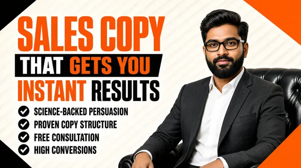 [Format]
Landscape 16:9 gig cover, sharp diagonal-cut layout in white, orange and black with a checklist column and a photographic cutout. Crisp flat vector slashes over a lightly striped background, premium finish. No watermark, no personal names.

[Layout]
The base is an off-white background with faint wide diagonal stripes. Bold geometry frames it: an orange triangle clips the top-right and bottom-right corners, a black diagonal ribbon sweeps across the top-left above a plain black bar, and another black wedge cuts the bottom-left corner. The right third holds a photographic cutout of a man seated in a black leather chair, rising from the bottom edge. The left two-thirds is a dense text column, left-aligned at about 9% from the edge: a giant two-word headline at top, a black bar with contrasting words beneath it, a third headline line, and then a four-row checklist filling the lower half, each row led by a circular check icon.

[Subject]
A South Asian man in his thirties with black-framed glasses, styled dark hair and a full beard, seated angled toward the camera with a composed expression, visible from mid-torso up. He wears a dark charcoal blazer over a white shirt. Clean, bright frontal lighting; the black tufted leather chair back shows behind his shoulder.

[Headline]
Top: "SALES COPY" in enormous orange condensed caps, slightly tilted, underlined by the black bar below. On the black bar: "THAT" in bold white caps followed by "GETS YOU" in orange caps. Next line: "INSTANT" in orange caps and "RESULTS" in dark charcoal caps, same heavy condensed face. Checklist rows in bold dark charcoal caps, each preceded by a black circle with a white checkmark: "SCIENCE-BACKED PERSUASION", "PROVEN COPY STRUCTURE", "FREE CONSULTATION", "HIGH CONVERSIONS".

[Badges]
None beyond the four circular check icons.

[Mood]
White, vivid orange and black — urgent, persuasive, deal-forward energy with strong diagonal motion. The orange mega-headline and the tidy checkmark list read clearly even at very small thumbnail sizes.