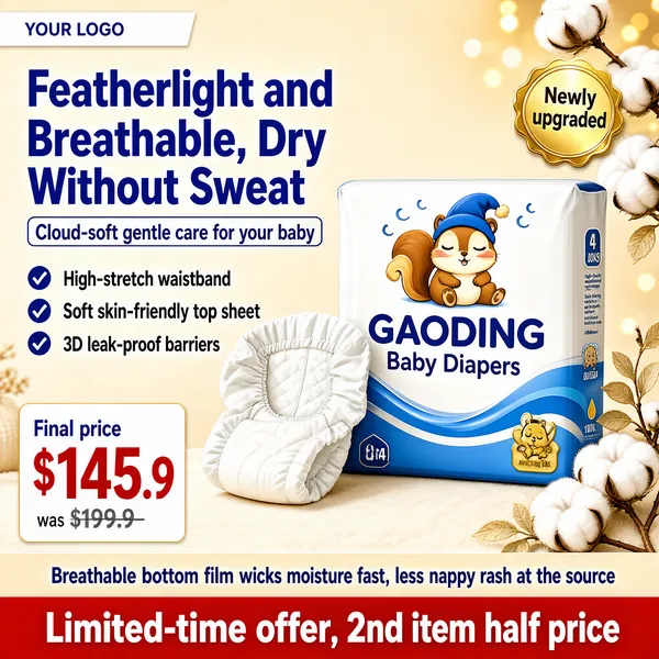 [Format]
Professional e-commerce product main image, square 1:1, tender mother-and-baby advertising style with a warm beige nursery palette.

[Colors]
A warm cream-beige background (#f3e9d8 range) with soft golden bokeh and cotton bolls at the top-right and bottom-right; white and blue package accents; blue headline type with a gold badge and a red bottom bar. No frame border.

[Layout]
A slim white logo bar top-left. A two-line blue headline with a small outlined sub-line sits on the left above three check rows. The nappy pack stands centre-right on a soft surface with one open white nappy leaning at its left. A gold seal floats at the top-right. The bottom third stacks a price card on the left, a beige benefit strip and a red deal bar.

[Subject]
A soft white nappy pack with a blue wave band and a cute sleeping squirrel illustration wearing a nightcap, "GAODING Baby Diapers" lettering, a size chip and a gold cartoon tab on the front; one fluffy white nappy leans against the pack showing its elasticated waist; cotton branches frame the corners.

[Headline]
Blue stack: "Featherlight and Breathable, Dry Nights Without Sweat" in heavy characters. Outlined sub-line: "Cloud-soft gentle care for your baby". Check rows: "High-stretch waistband", "Soft skin-friendly top sheet", "3D leak-proof barriers". Gold seal: "Newly upgraded". Price card: "Final price $145.9, was $199.9" with "$145.9" huge. Beige strip: "Breathable bottom film wicks moisture fast, less nappy rash at the source". Red bar: "Limited-time offer, 2nd item half price" in white.

[Badges]
Gold "Newly upgraded" seal top-right; small blue "YOUR LOGO" tag top-left.

[Mood]
Gentle, nurturing and cozy; warm beige softness with trustworthy blue, baby-comfort reassurance at thumbnail size.