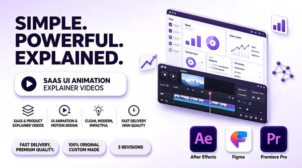 [Format]
Landscape 16:9 gig cover, polished 3D-isometric UI mockup with clean sans-serif typography on a soft lavender-white gradient. Modern SaaS marketing finish, no watermark, no personal names.

[Layout]
The left half of the frame carries a vertical text stack and icon rows, while the right half shows floating dashboard and timeline UI mockups at a slight angle. The headline stack starts at the upper-left and descends through three lines, followed by a rounded plate with a play icon and service label, then a row of four small feature icons, and finally a row of three trust badges at the bottom. The UI screens on the right are layered in depth, with the largest dashboard behind and a video timeline in front.

[Subject]
none — typographic only

[Headline]
Upper-left in bold dark purple sans-serif, stacked three lines: "SIMPLE.", "POWERFUL.", "EXPLAINED.". Below, inside a rounded white plate with a soft purple shadow, a play-button icon sits left of "SAAS UI ANIMATION" in bold and "EXPLAINER VIDEOS" in lighter weight beneath it. Under that, four small icon-label pairs read "SAAS & PRODUCT EXPLAINER VIDEOS", "UI ANIMATION & MOTION DESIGN", "CLEAN, MODERN, IMPACTFUL", and "FAST DELIVERY HIGH QUALITY". Bottom-left: three badge pills read "FAST DELIVERY, PREMIUM QUALITY.", "100% ORIGINAL CUSTOM MADE", and "3 REVISIONS".

[Badges]
Bottom-right: three square tool badges with rounded corners show the Adobe After Effects "Ae" mark, the Figma mark, and the Adobe Premiere Pro "Pr" mark, each labeled underneath. Small floating UI icons (chart, vector nodes) appear near the dashboard mockups.

[Mood]
Soft lavender, white, and dark purple with subtle gradients create a clean, premium SaaS aesthetic. The dense but organized left text block balances the detailed dashboard visuals for strong thumbnail readability.