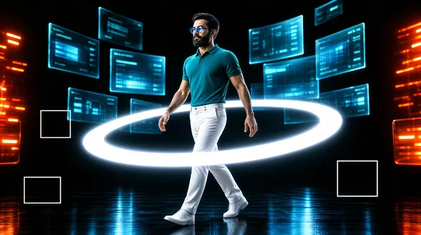 [Format]
Landscape 16:9 gig cover, cinematic 3D-render style set in a dark tech environment with glowing neon accents and shallow depth of field. Premium high-polish finish. No watermark, no personal names.

[Layout]
A dark, almost black stage fills the frame. The centre is dominated by a man walking through a large glowing white elliptical ring that encircles his waist, seen in strong perspective, its light spilling onto his clothes. Behind and around him float translucent glass-like rectangular screens and curved panels in cyan and ice blue, tilted at various angles, some showing faint blurred chart and portrait content; at the far left and right edges, out-of-focus orange and red holographic dashes and panels glow, giving a cool-warm rim contrast. Several small empty white frame outlines float near his hands and in the lower corners. Depth comes from blur: screens closest to the camera are soft, while the figure and the ring are sharpest. No text anywhere in the frame.

[Subject]
A 3D-rendered man in his thirties with short dark hair, a full beard and round blue-tinted glasses, wearing a teal polo shirt and white trousers, walking toward the left of frame with arms slightly out and hands relaxed, his hips passing through the glowing ring; lit by cool blue light from the floating screens with a warm orange rim from the edges.

[Headline]
None — the cover is a pure render with no typography.

[Badges]
None.

[Mood]
Deep blacks with electric cyan, ice blue and hot orange-red glows. Futuristic, immersive, high-tech energy; at thumbnail size the glowing white ring around the dark figure against black is the signature read.